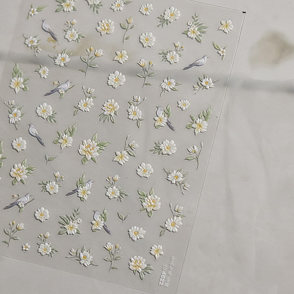 1 Sheet Flower Nail Decal with Leaf Design, Yellow White Gradient Floral Nail Art Stickers, 5D Embossed Self-Adhesive Nail Stickers for Women DIY Spring Summer Flower Manicure Art Supplies
