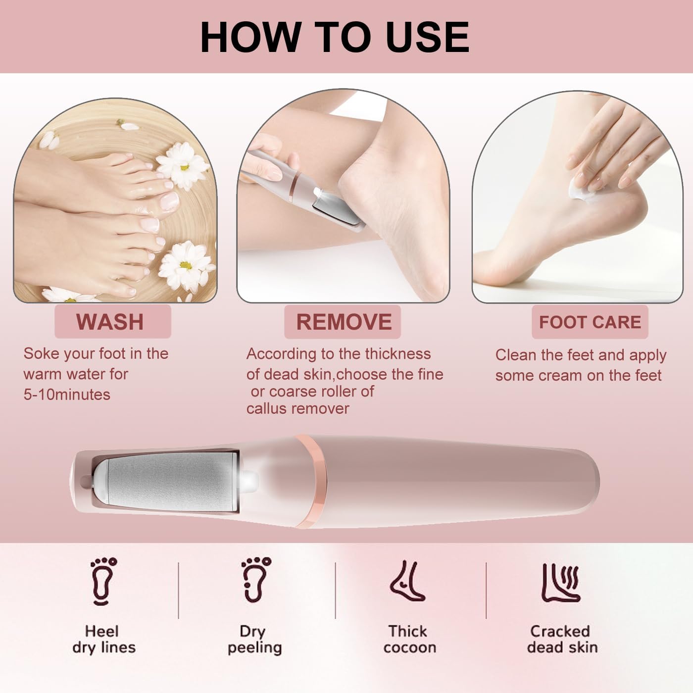 Electric Callus Remover for feet,Rechargeable Foot Callus Remover -2 Speed Adjustable,Coarse & Fine Roller - Electric Hard Skin Removal for Feet-Smooth feet in Seconds for Women & Men (Pink)