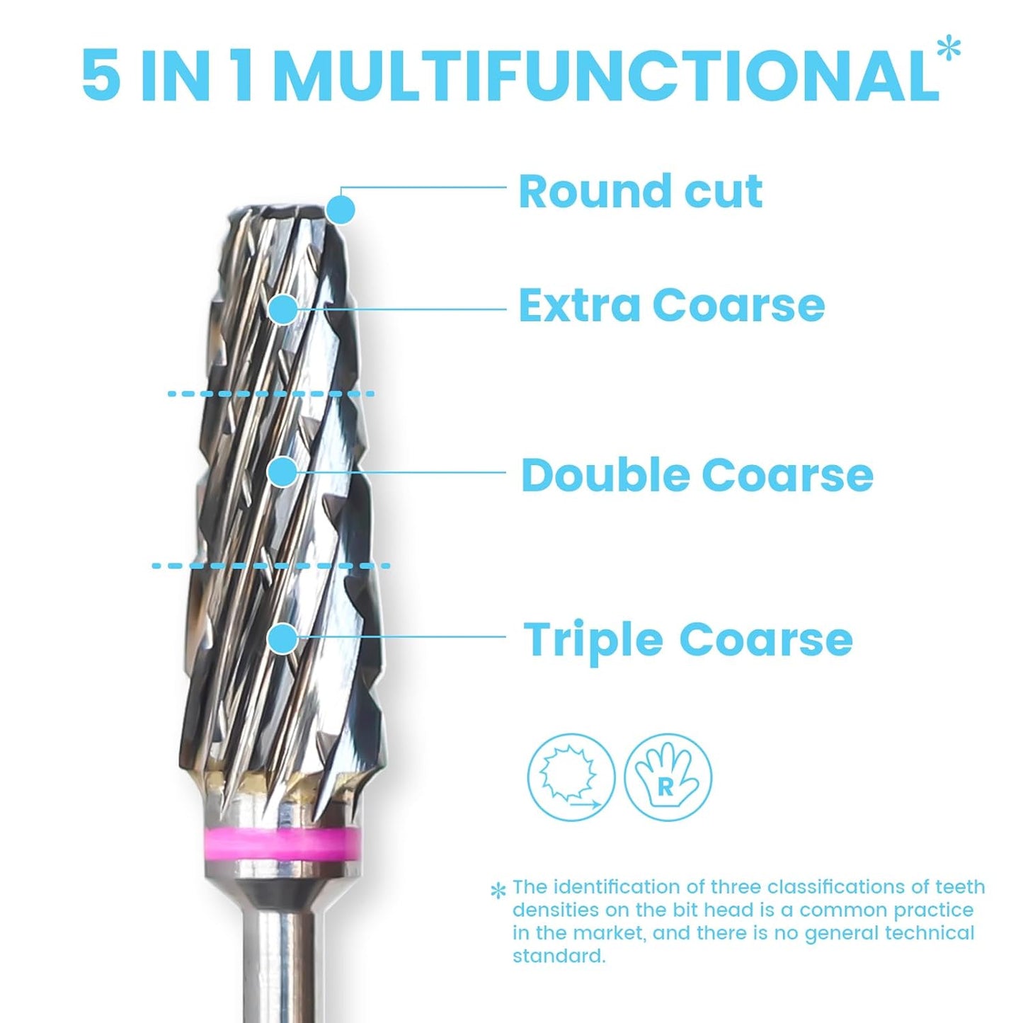 Super Cut 5 In 1 Nail Drill Bits, Tapered Barrel 3/32'' Safety Tungsten Bits, Upward Cut for Hard Gel Removal, Right Hand Use, Manicure Cuticle Gel Polishing, Technicians Bits, Triple Coarse.