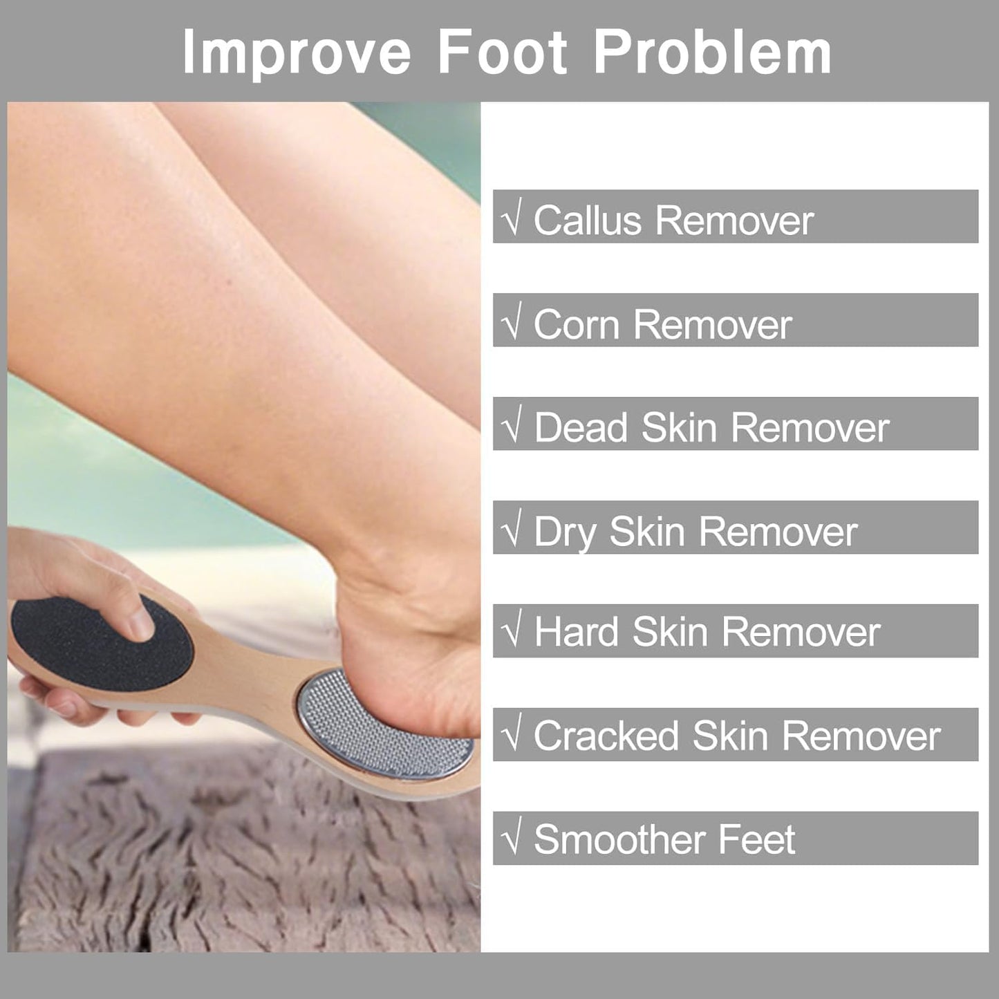 Pumice Stone Brush for Feet 4 in 1, Wooden Foot File Callus Remover, Foot Rasp and Sand Paper Pedicure Tools with Handle, Shower Foot Scrubber, Soft Smooth Feet for Home Foot Care