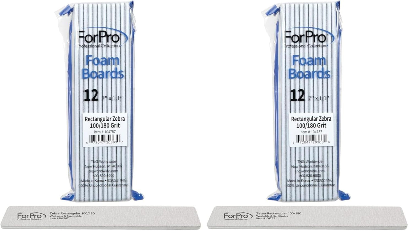 ForPro Rectangular Foam Boards, Zebra, 100/180 Grit, Double-Sided Manicure and Pedicure Nail Files, 7” L x 1.1” W, 12-Count (Pack of 2)
