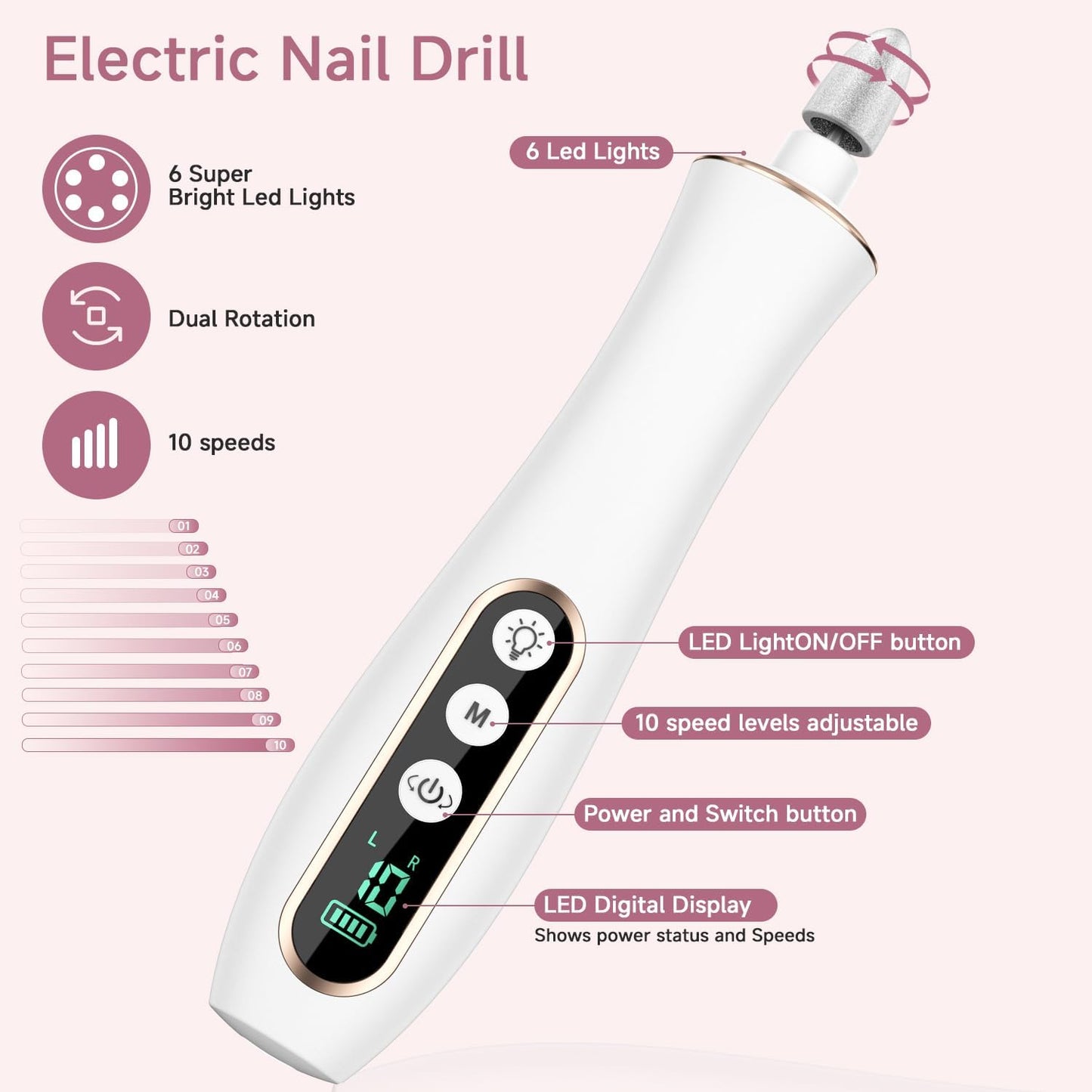 4 Pack Professional Nail Drill Kit – 10 Interchangeable Heads & 100 Sanding Bands for All Nail Types, White