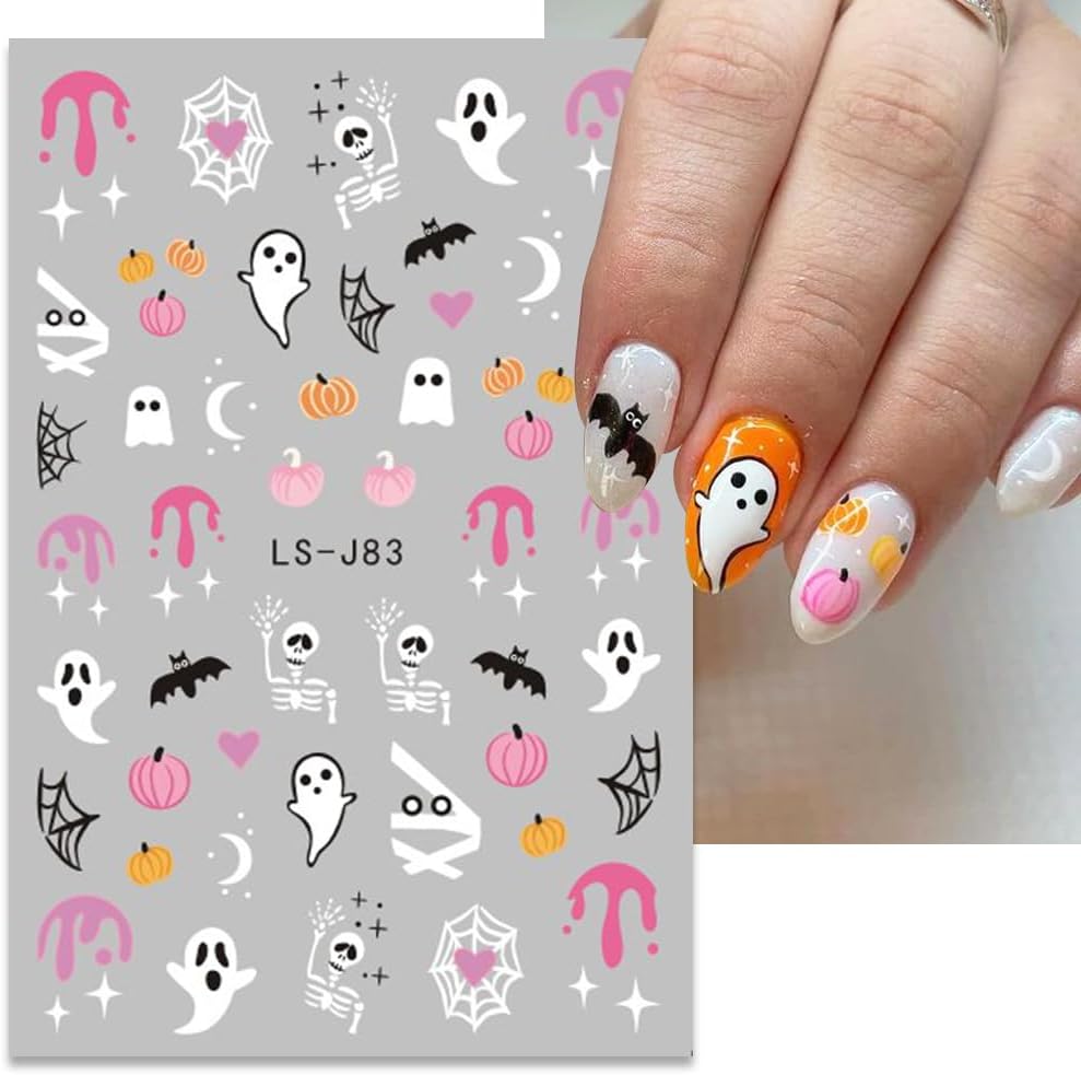 6 Sheets Halloween Nail Art Stickers 3D Cute Ghost Nail Decals Pumpkin Skull Cat Spooky Spider Web Bat Self-Adhesive Design Gothic Nail Stickers Nail Art Supplies for Women Acrylic Nails Decorations