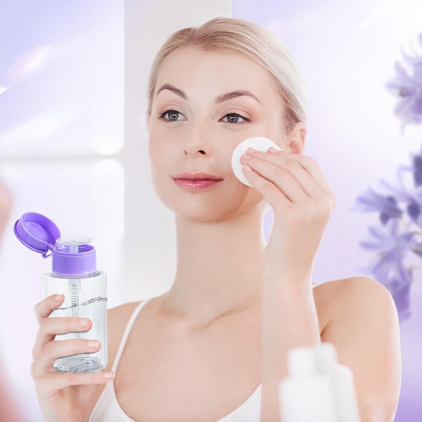 Push Down Pump Dispenser Bottles: Refillable Liquid Containers for Alcohol, Nail Polish Makeup Remover, Salon, Hospital, Travel Use, Purple+Clear