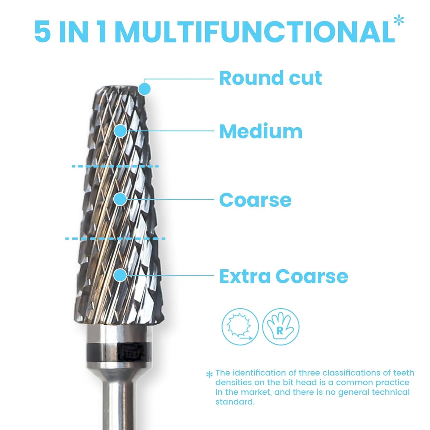 Super Cut 5 In 1 Nail Drill Bits, Tapered Barrel 3/32'' Safety Tungsten Bits, Upward Cut for Hard Gel Removal, Right Hand Use, Manicure Cuticle Gel Polishing, Technicians Bits, Extra Coarse.