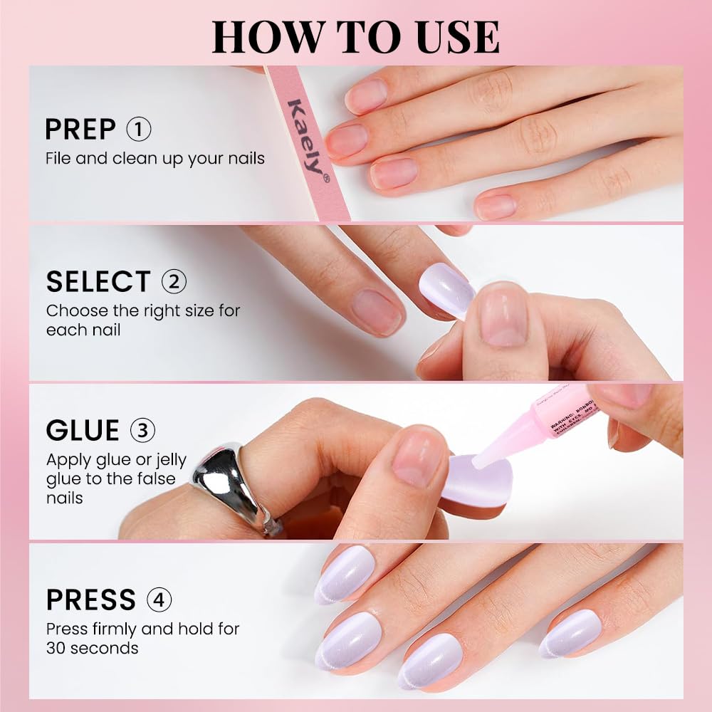 Cat Eye Press on Nails Short Almond - Light Purple Shimmer Glossy French Tip Press on Nails Gift, Soft Gel Press Glue On Nail with Nail Glue, Supremely Fit Full Cover Reusable Acrylic Fake Nails Kit