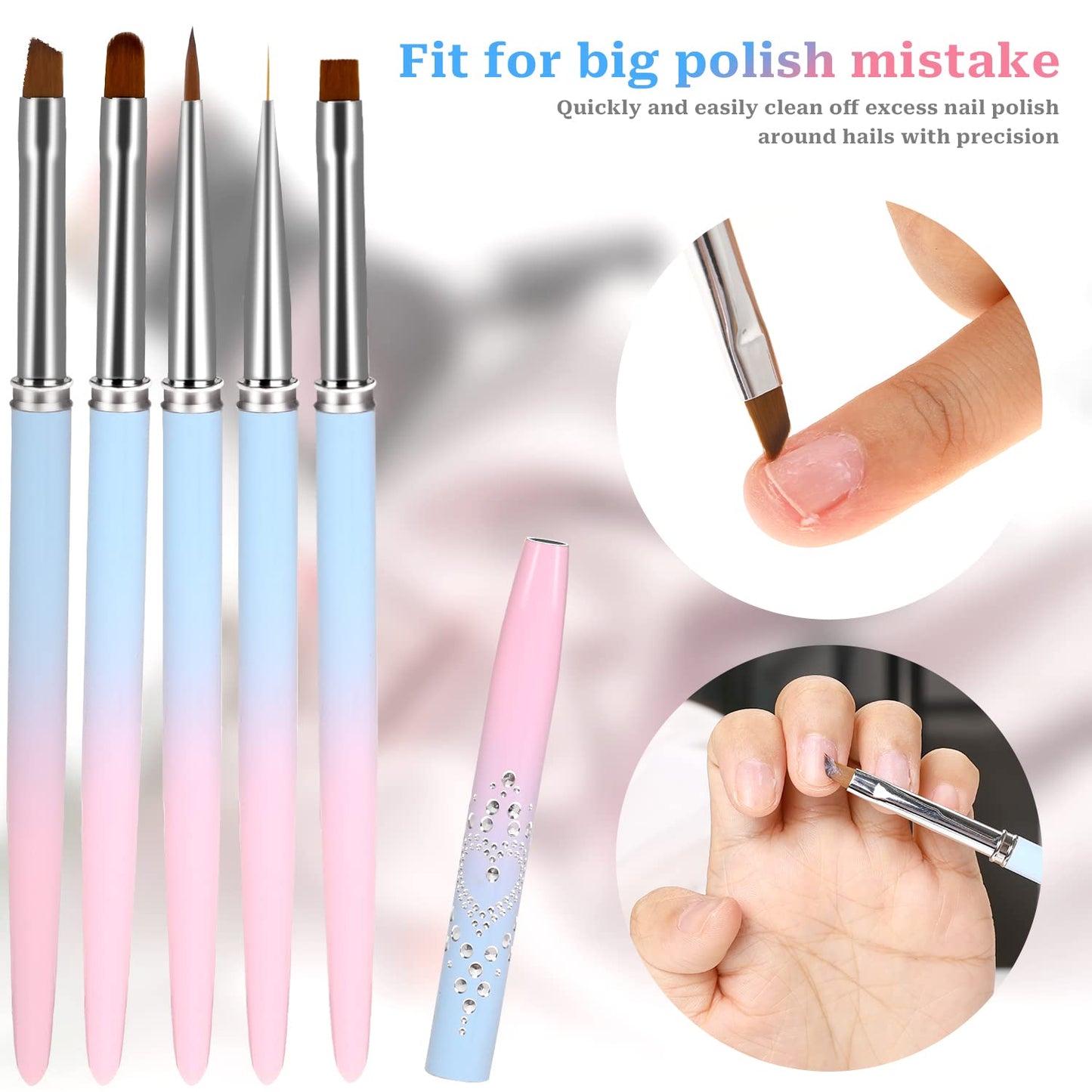 5Pcs Nail Polish Clean Up Brush Set, Manicure Nail Art Polish Remover Brush with Nail Liner Brush Professional Nail Detail Brush Nail Painting Tool for Nail Art Design & Polish Mistake Cleaning