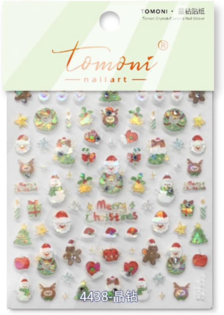 Christmas Day Nail Art Stickers 3D Self-Adhesive Cute Santa Claus Nail Art Decals for Acrylic Nails with Snowman Christmas Tree Designs Nail Sticker Winter Nail Supplies for Women DIY Manicure Decor