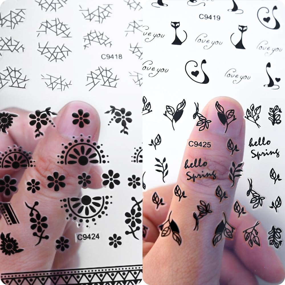 30 Sheets Black Nail Art Stickers 3D Self-Adhesive Black Lace Hollow Nail Decals 3D Black Retro Cat Flower Star Moon Heart Nail Stickers Nail Art Design for Women DIY Acrylic Nails Decoration
