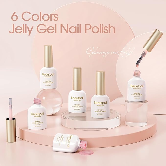 Beautpal Jelly Gel Polish Sheer Pink Crystal Transparent Milky White Nude Sheer Gel Nail Polish Kit for Salon Gel Manicure and Nail Art Collection Gift Set 8ML 6PCS