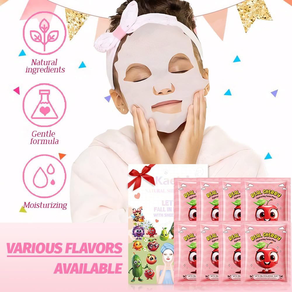 8 PCS Real Hydrating Nature Face Masks Skincare, Hyaluronic Acid, Vitamin C and E, Chamomile, Korean Beauty Essence Facial Paper Sheet Mask for Skin Care Moisturizing (Cherry)