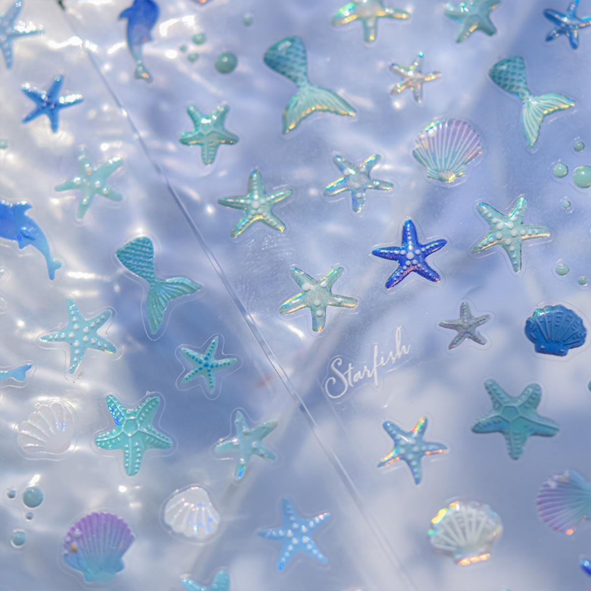 Summer Nail Art Stickers 5D Embossed Shell Starfish Nail Stickers Cute Dolphin Mermaid Nails Art Design Ocean Sea Theme Nail Decals Self Adhesive Nails Supplies for Women Manicure Decoration