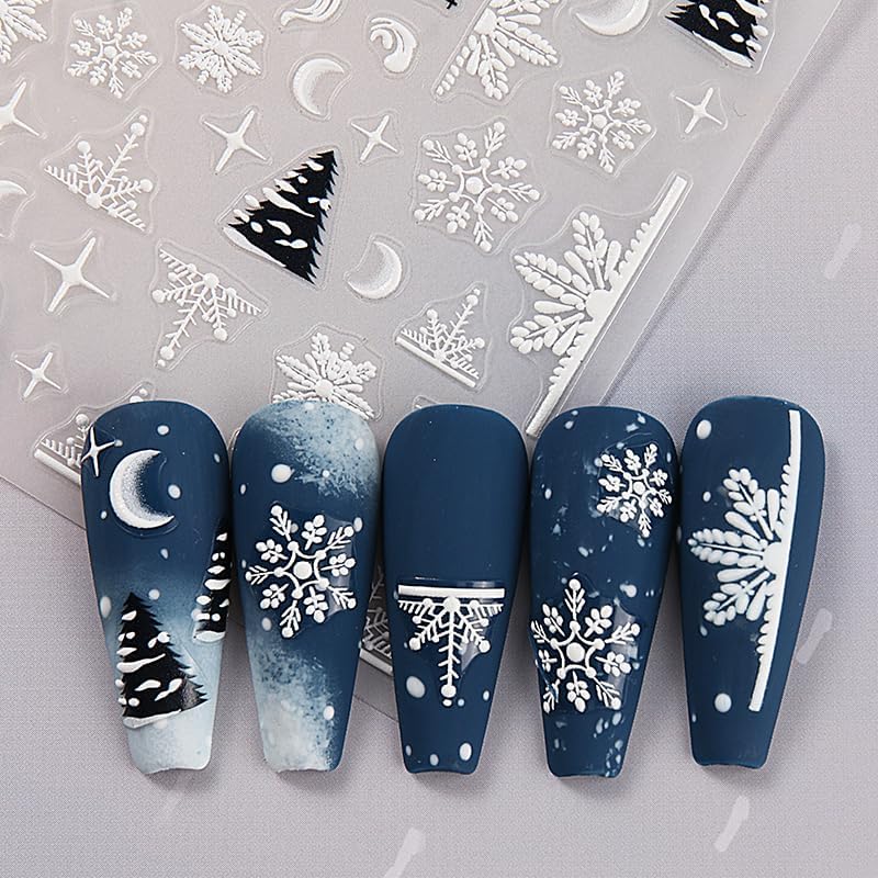 2 Sheets 5D Christmas Embossed Nail Art Stickers Snowflakes Nail Decals Cute Snow Trees Bells Winter Design Self-Adhesive Pegatinas Uñas Xmas Nail Stickers Santa Claus Nail Decals for Women Manicure