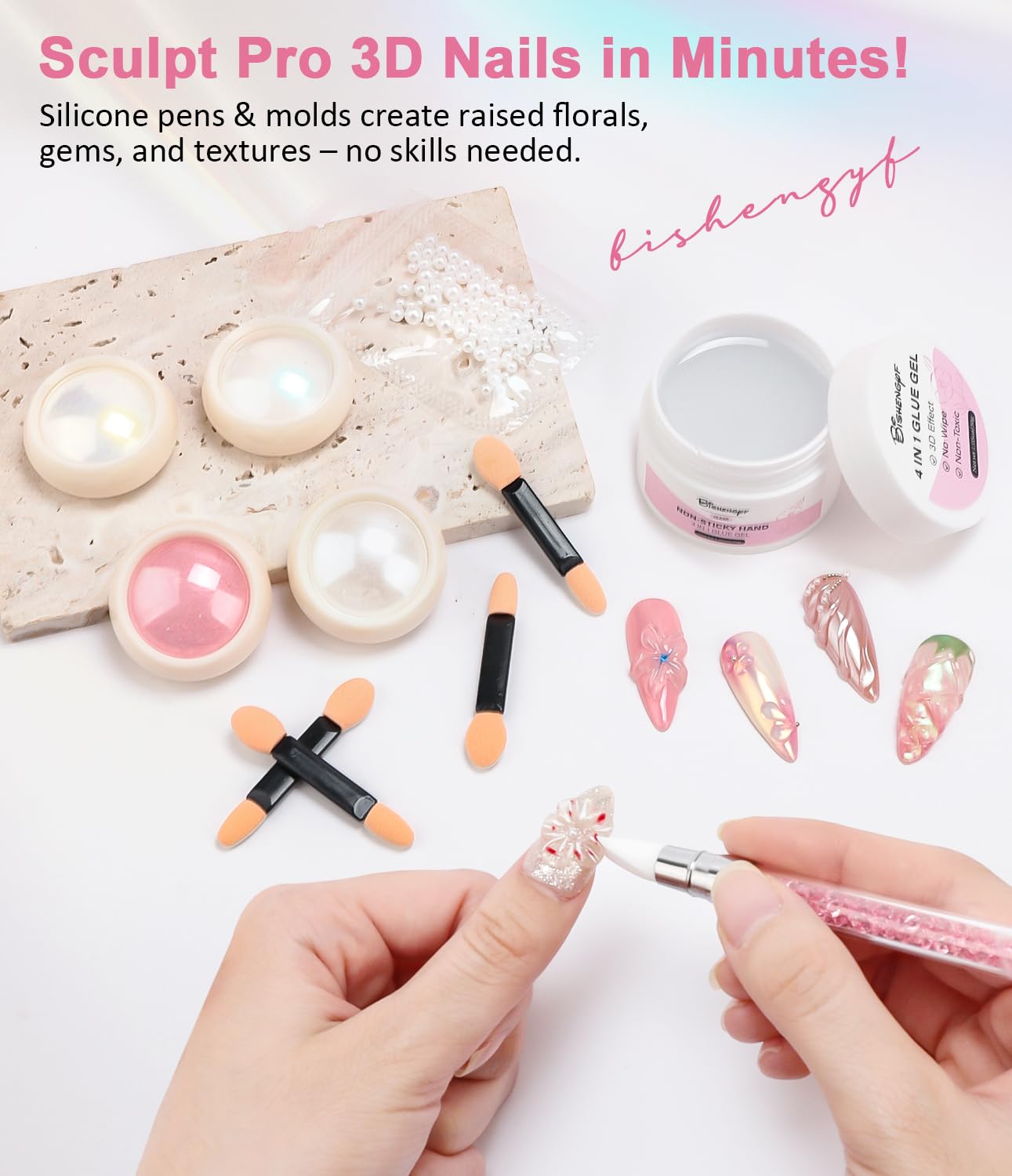 Chrome Nail Powder and Solid Builder Gel Kit BISHENGYF: 30g 4 In 1 No Wipe 3d Sculpting Nail Gel Aurora Pink White Pearl Chrome Nail Powder Clear Non-Sticky Hand Extension Glue for Nail Decoration