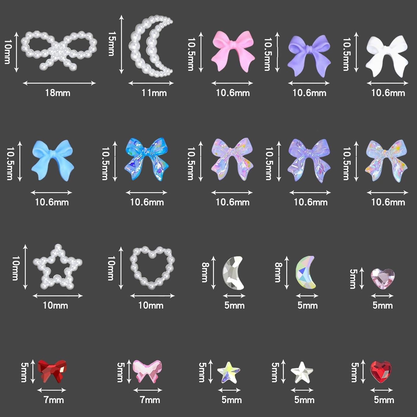 HNUIX - Bows Nail Charms, Multi Shaped, Colored 3D Bows, White Star Heart Moon Cute Nail Gems, Pearls & Rhinestones, Includes Tweezer & Pickup Tool