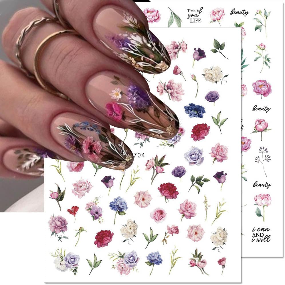 Dornail 8 Sheets 3D Flower Nail Stickers - Spring & Summer Colorful Floral Nail Art Stickers with Blooming Florals & Leaf Designs for DIY Nail Decorations
