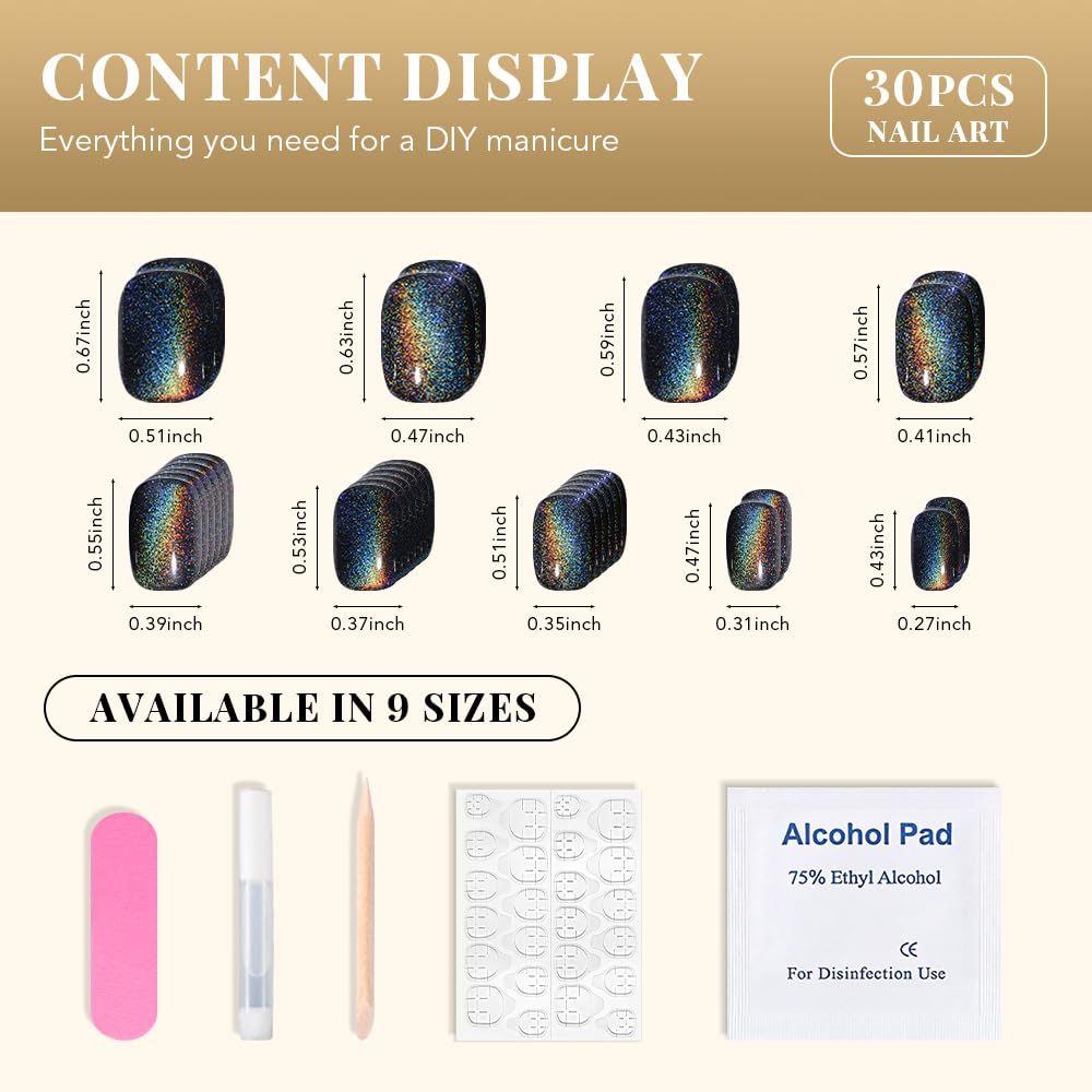evpct Black Chrome Cat Eye Short Press on Nails Square, Short Square Glue on Nails for Women Gift, Black Metallic Glitter Glossy Reusable Spring Summer Stick Gel Press on Acrylic Fake Nail with Design