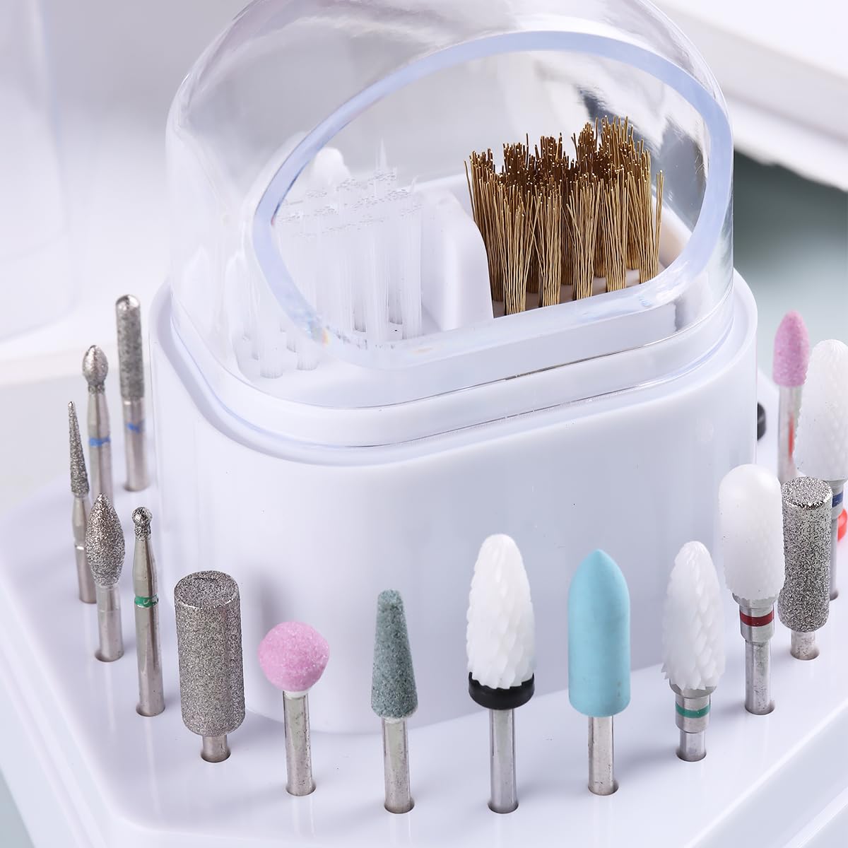 2 in1 Nail Drill Bit Holder and Nail Drill Bits Cleaner Brush Case, 24 Holes White Nail Drill Bit Holder Stand Display Organizer Dust Proof Storage Container Box Case Nail Tech Supplies