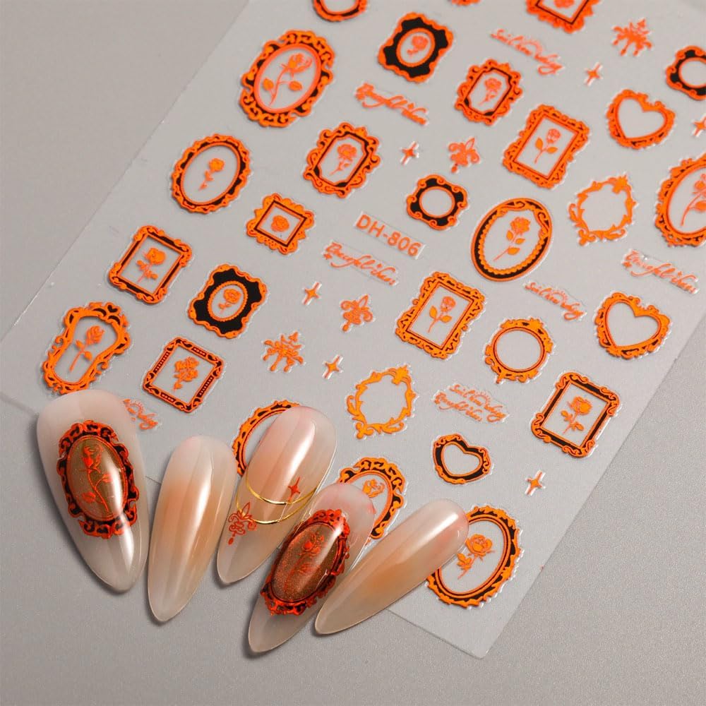 4 Sheets Vintage Nail Stickers for Women, 5D Embossed Frame Nail Decals for Designe Nail Art Supplies Manicure Decoration Accessories