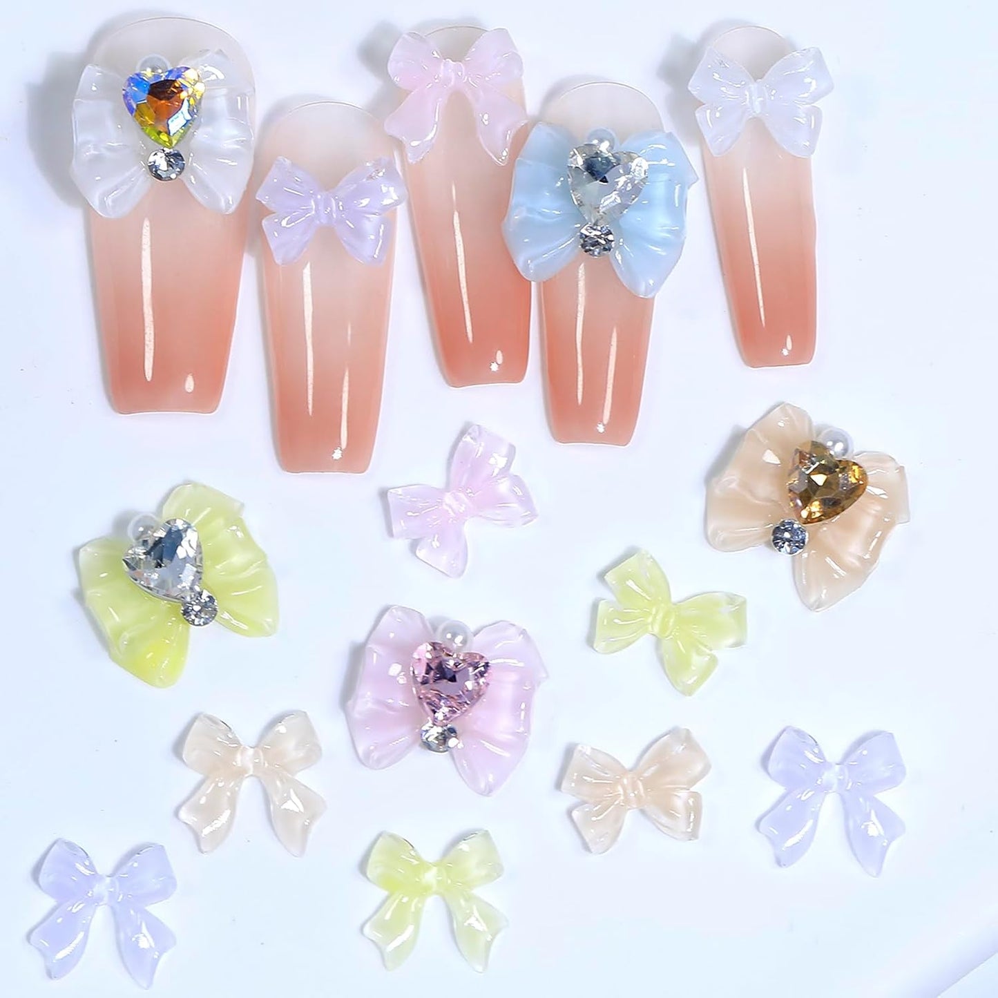 HNUIX Bow Nail Charms - Champagne, AB, White, Heart Rhinestones for Acrylic Nails, with Kit, for Nail Art, DIY Crafts Decor