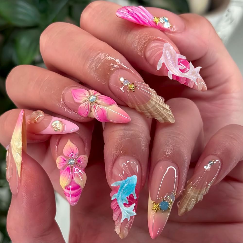 100PCS Beach Nails Charms, Summer Ocean Series 3D Resin Nail Rhinestone Mixed Dolphin Nail Gem for Women Girls Manicure DIY Crafts Accessories