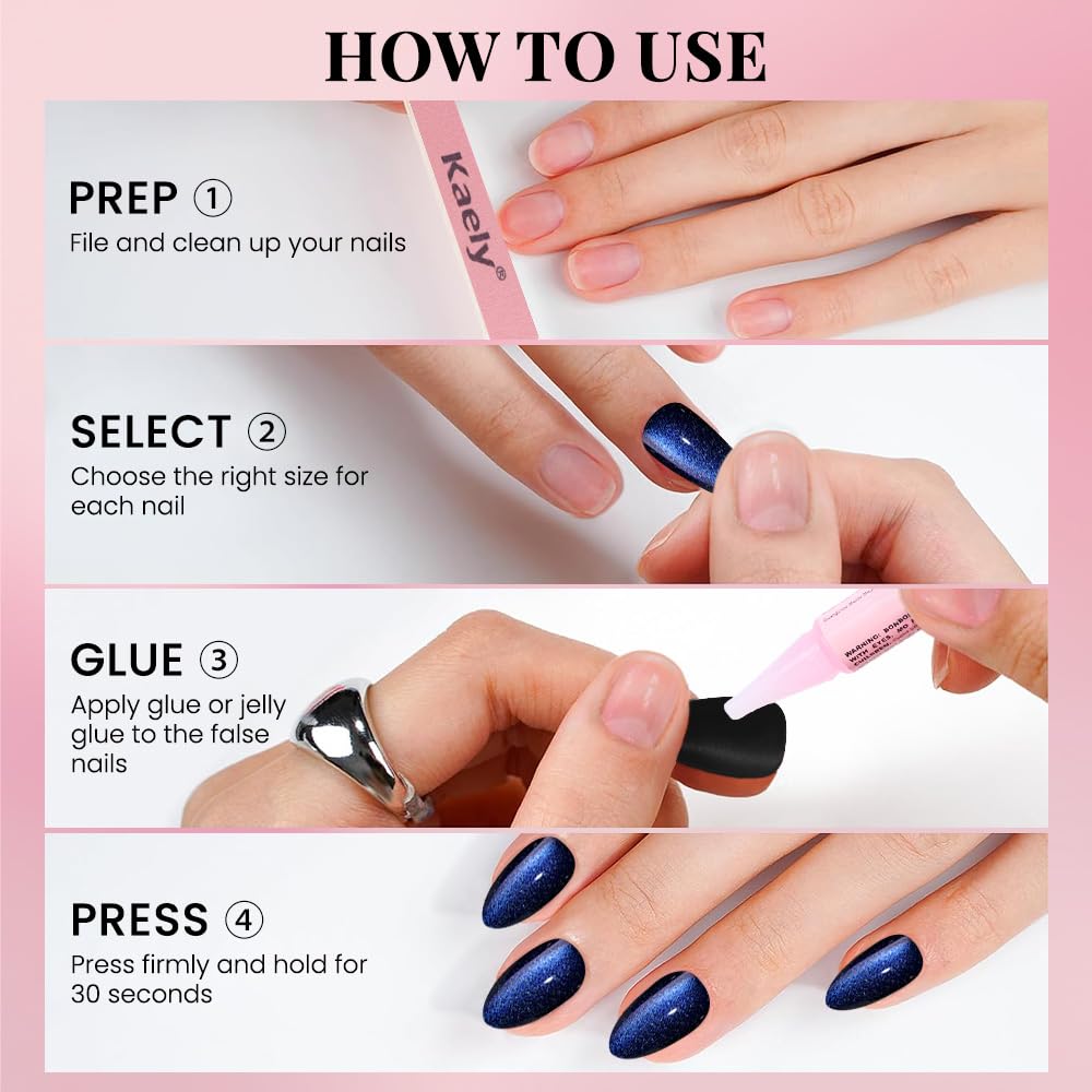 evpct Dark Blue Press on Nails Almond Short, Royal Blue Cat Eye Glitter Press on Nails for Women Gift, Soft Gel Press Glue On Nail with Nail Glue, Full Cover, 30Pcs Reusable Acrylic Fake Nails Kit