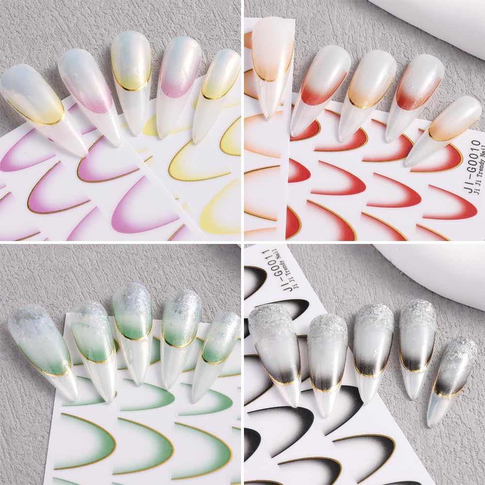 11 Sheets French Line Nail Art Stickers, Gradient Colorful French Tip Nail Decals 3D Self-Adhesive Curved Stripes Lines Nail Art Tips Guides for DIY Decoration Stencil Tools