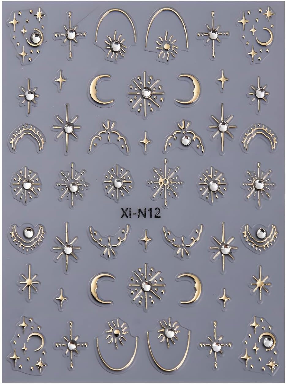 Gold Star Nail Art Stickers Decals Moon Nail Decals 5D Embossed Glitter Rhinestones Nails Design Stickers Gold Nails Supplies for Women Nail Art Decorations