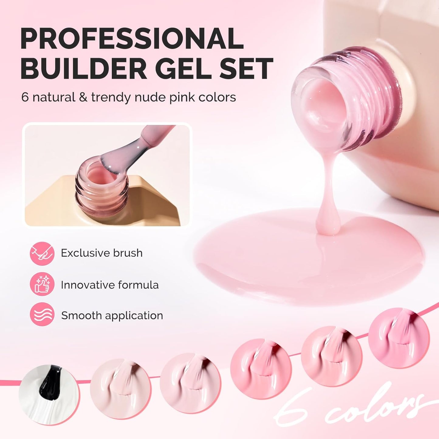 MelodySusie 6PCS Builder Gel Set for Nails Thickening,15ML Pink Base Colors Clear Rubber Base Gel Polish,Soak Off UV Extension,Rhinestone Nail Glue in a Bottle for Nail Art Design Gift for Women