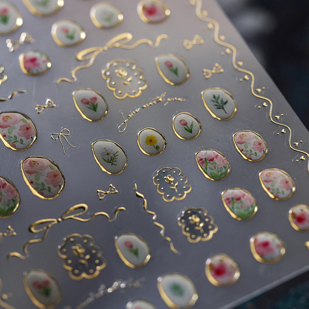 Flower Nail Art Stickers Decals 5D Embossed Jelly Flowers Nail Decals 1PCS Hot Stamping Tulip Gold Edge Rose Bow-knot Lily Leaf Flower Design Nails Adhesive Stickers for Women DIY Nail Art Decorations
