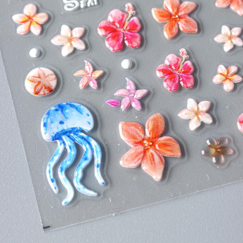 Summer Flower Nail Art Stickers Decals Jellyfish 5D Embossed Nail Decals 2PCS Flowers Starfish Jelly Design Summer Nails Adhesive Sliders Flower Sticker for Nails Women DIY Manicure Decorations Supply
