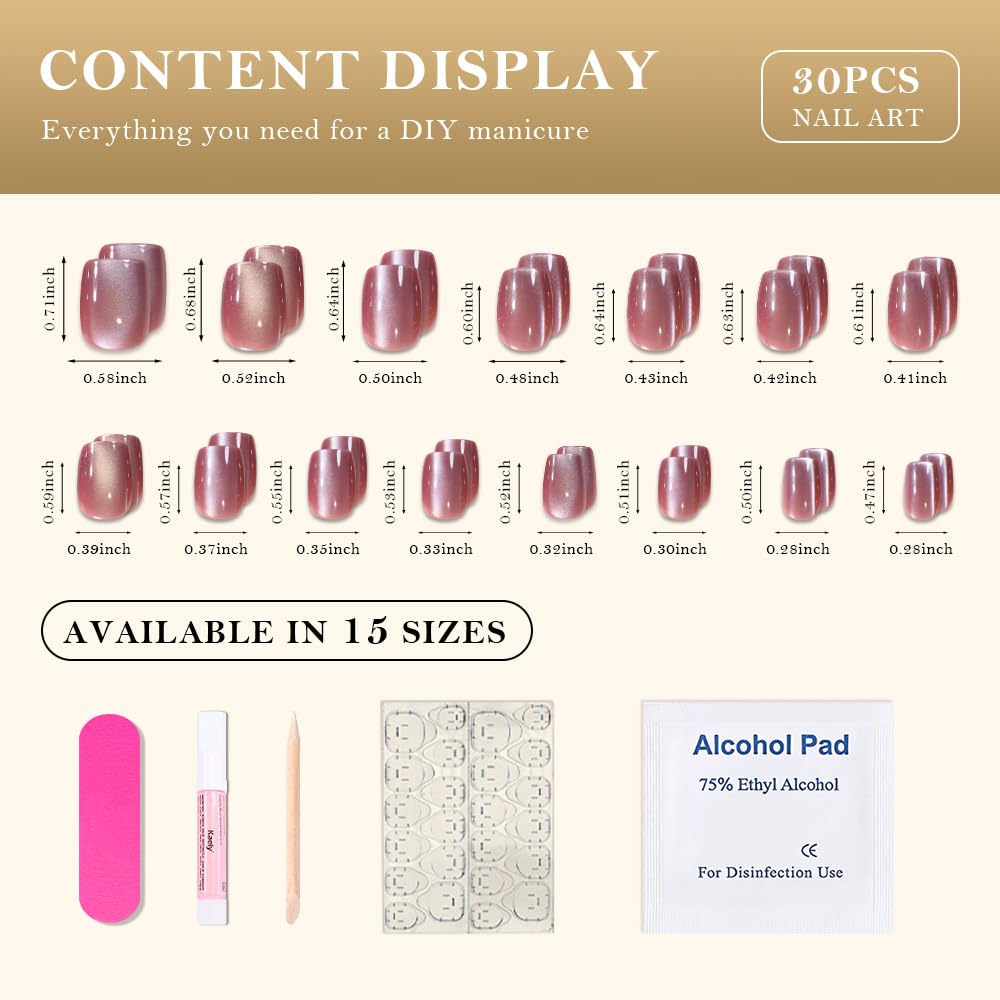 evpct Pale Mauve Cat Eye Short Press on Nails Square, Glue on Nails Short Square for Women Gift, Mauve Metallic Glitter Glossy nails press ons, Reusable Stick Press on Acrylic Fake Nail with Designs