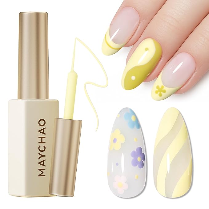 MAYCHAO Creamy Yellow Swirl Gel Liner Nail Art Polish, 8ml Spring Summer Pastel Maize Yellow Gel Color Built-in Thin Brush, UV Light Cure for French Nail Tips DIY Manicure at Home Salon