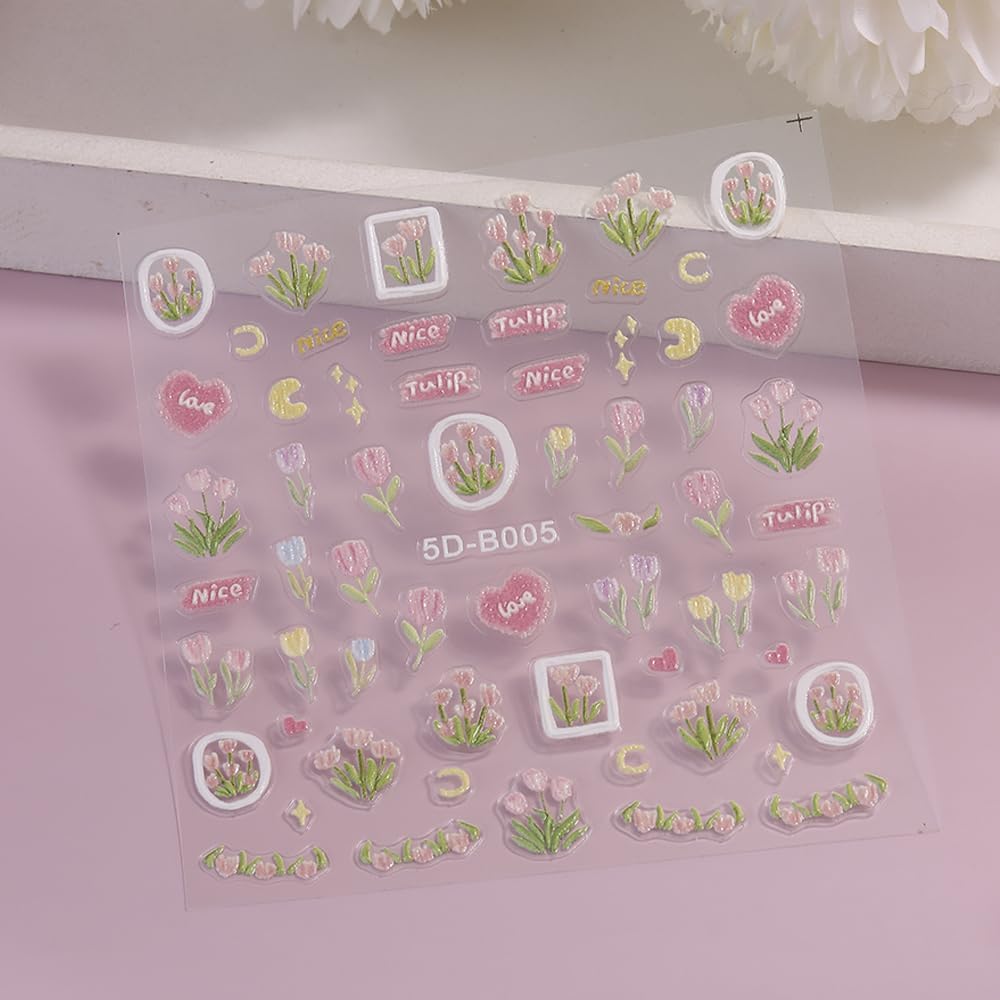 3D Embossed Nail Stickers - Pink Tulip Design, Cute Fresh Self-Adhesive Nail Art Decals for Women Girls A Set of 1 Sheets