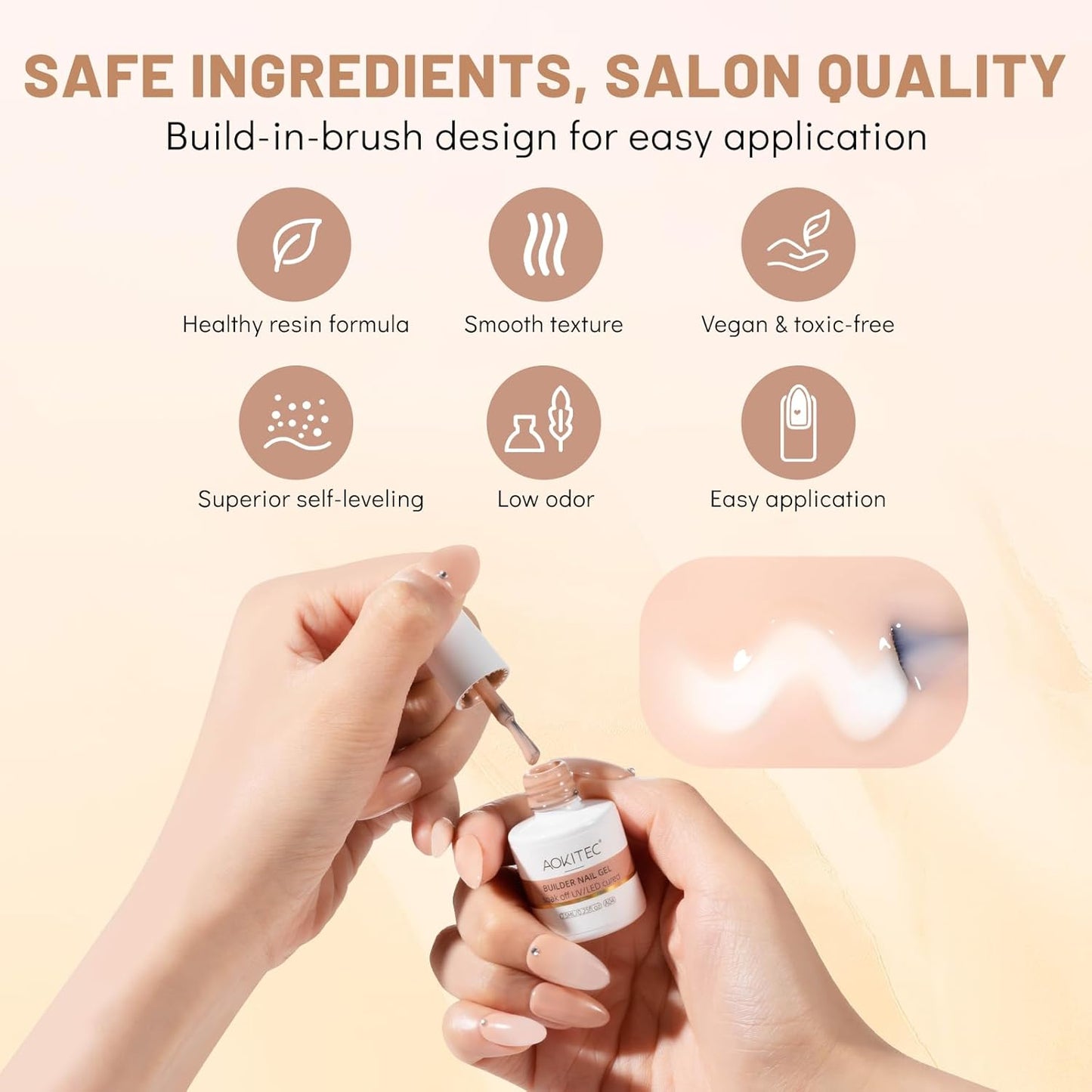 Aokitec 7-in-1 Builder Nail Gel Set, 6 Colors Pink Nude Milky White Hard Gel Builder Nail Strengthener Extension Nail Polish Rhinestone False Nail Tips Glue in a Bottle, Gifts for Women