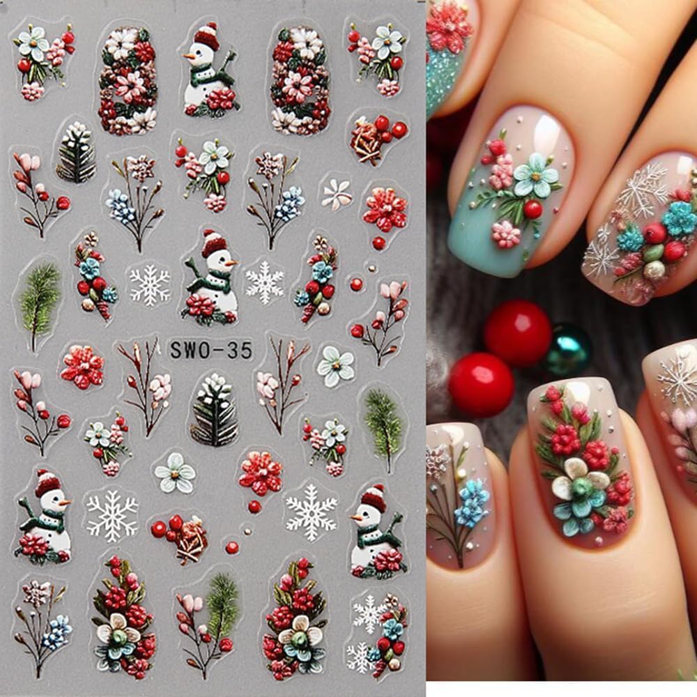 Christmas Nail Stickers 5D Embossed Christmas Tree Snowman Nail Art Stickers Winter Snowflake Nail Decals Self-Adhesive Bow Holiday Lights Design Sticker Xmas Cute Nail Art Decoration for Women 4Pcs