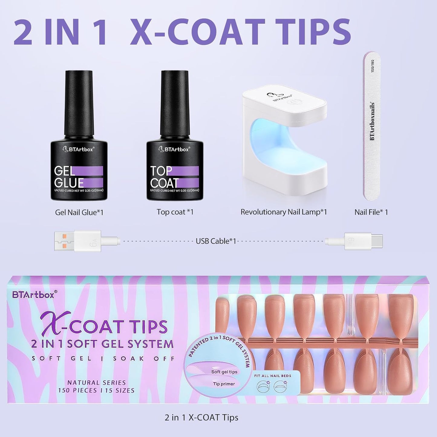 BTArtbox Almond Nail Tips - Brown Soft Gel Nail Kit with 150 pcs Medium Fake Nails, Gel Nail Glue, Top Coat, Nail Lamp, Pre-colored Press on Nails for Nail Art