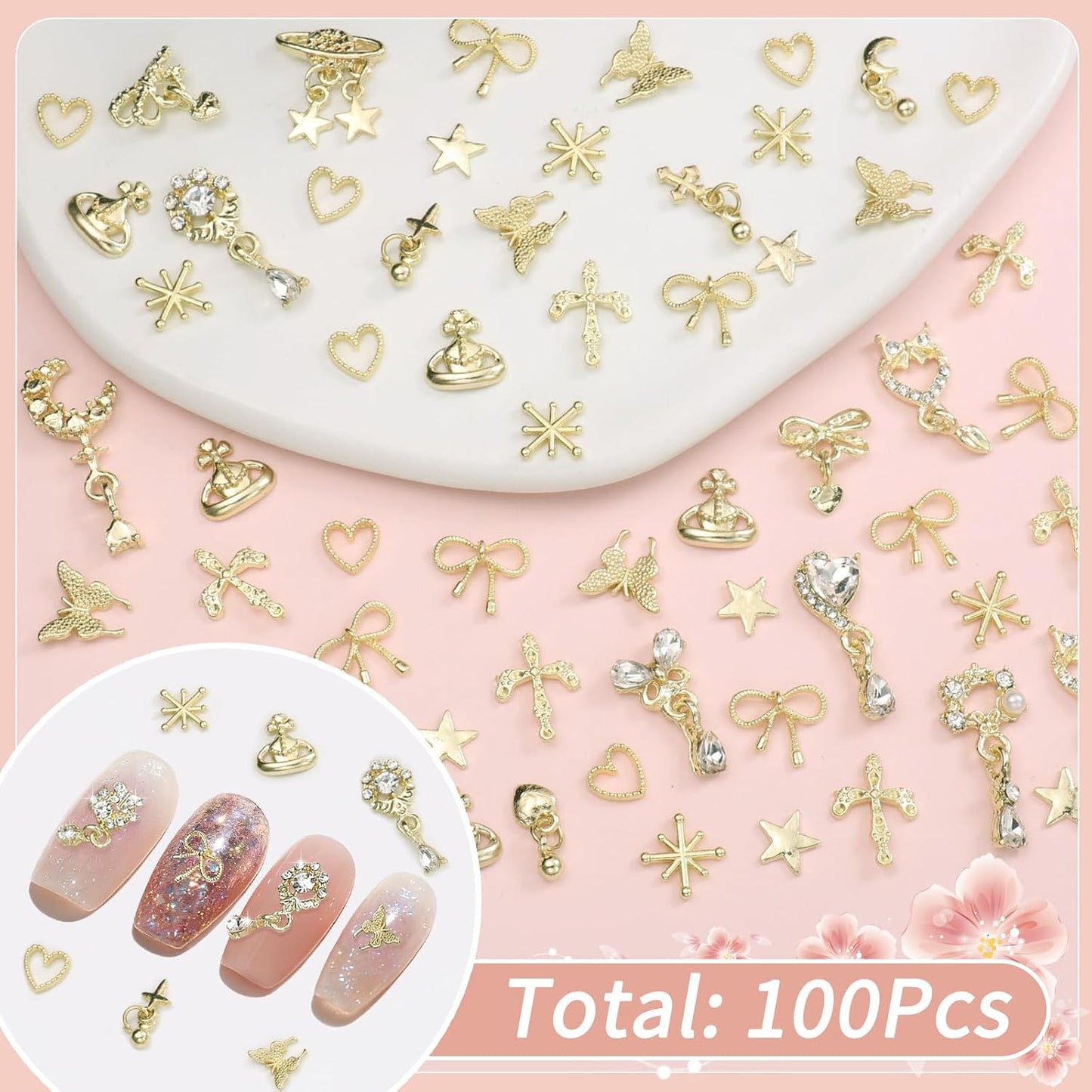 100Pcs Dangle Gold Nail Charms, Gold Cross Star Heart Crown Planet Bows Butterfly Nail Gems Charms, Golden Nails Art Supplies Women DIY Accessories