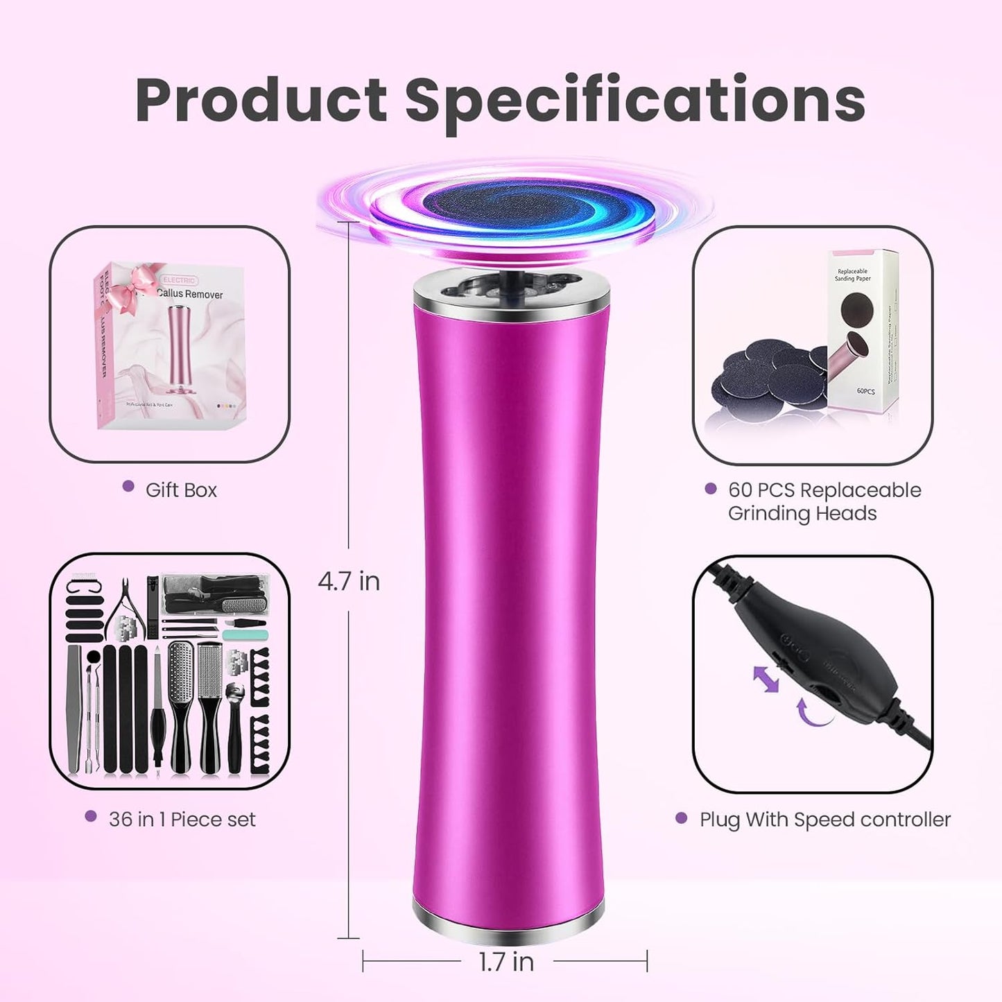 Electric Foot Callus Remover with 36 in 1 Pedicure Kit | Adjustable Speed | Mini Portable | 60 Pcs Sandpaper Discs | Professional Electric Callus Remover for Feet for Dead Skin and Calluses