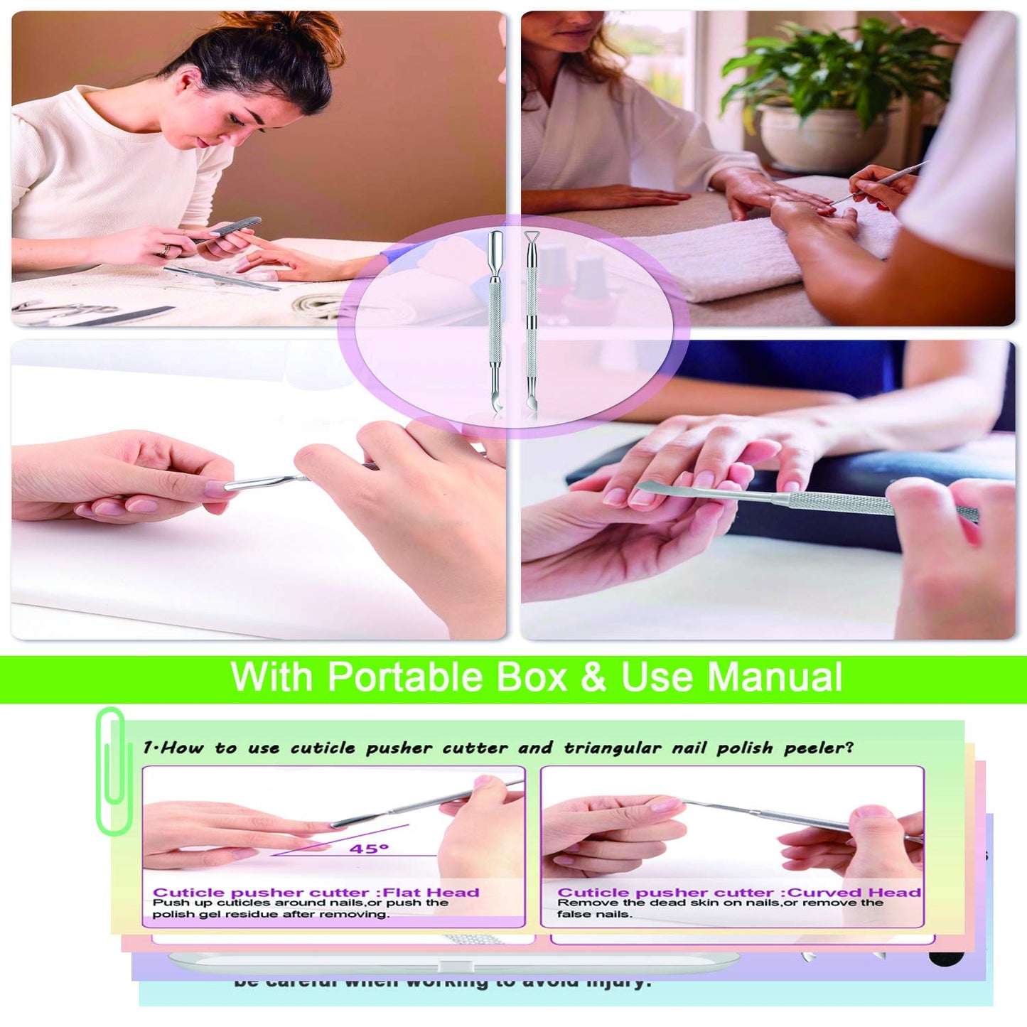 Premium Cuticle Pusher and Gel Polish Remover Set with Nail Files, Professional Grade Stainless Steel Cuticle Remover, Durable Pedicure Manicure Tools Nail Care Kit for Fingernails Toenails Silver