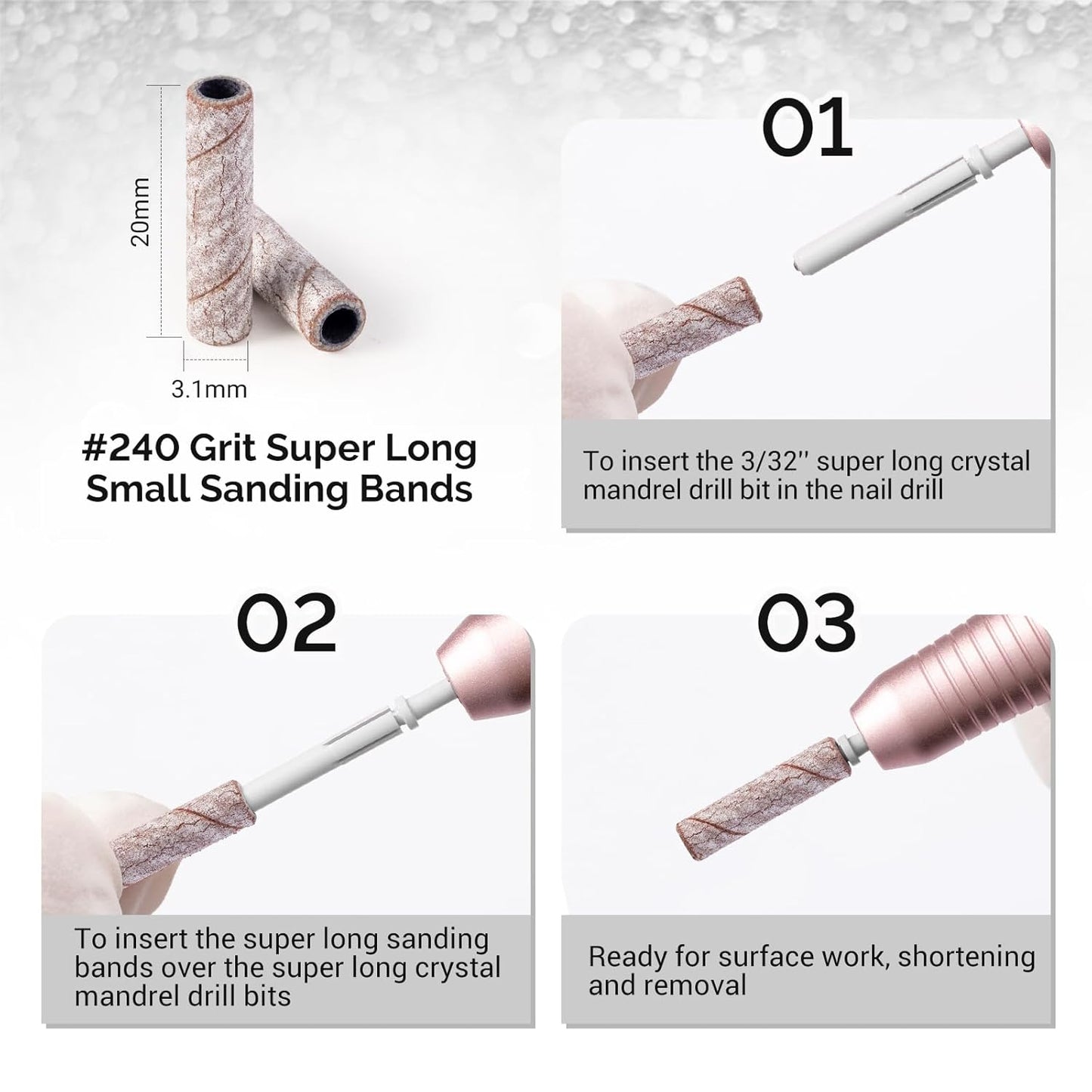 MelodySusie 50 Pcs Nail Drill Bits Super Long Small Sanding Bands with 3.1mm Crystal Mandrel Bit, 240 Extreme Fine Grit Nail File for Acrylic Nails Gel Manicures and Pedicure, Zebra