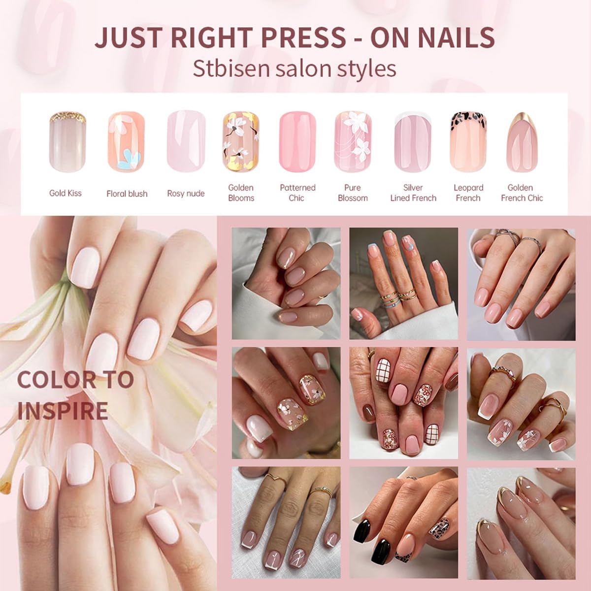 Summer Press on Nails Short Square, White Fake Nails with a Few Nude Nails Featuring Delicate Gold-Foil Flower Designs, Glossy Finish Acrylic Nails, Natural Reusable Glue on Nails Kit