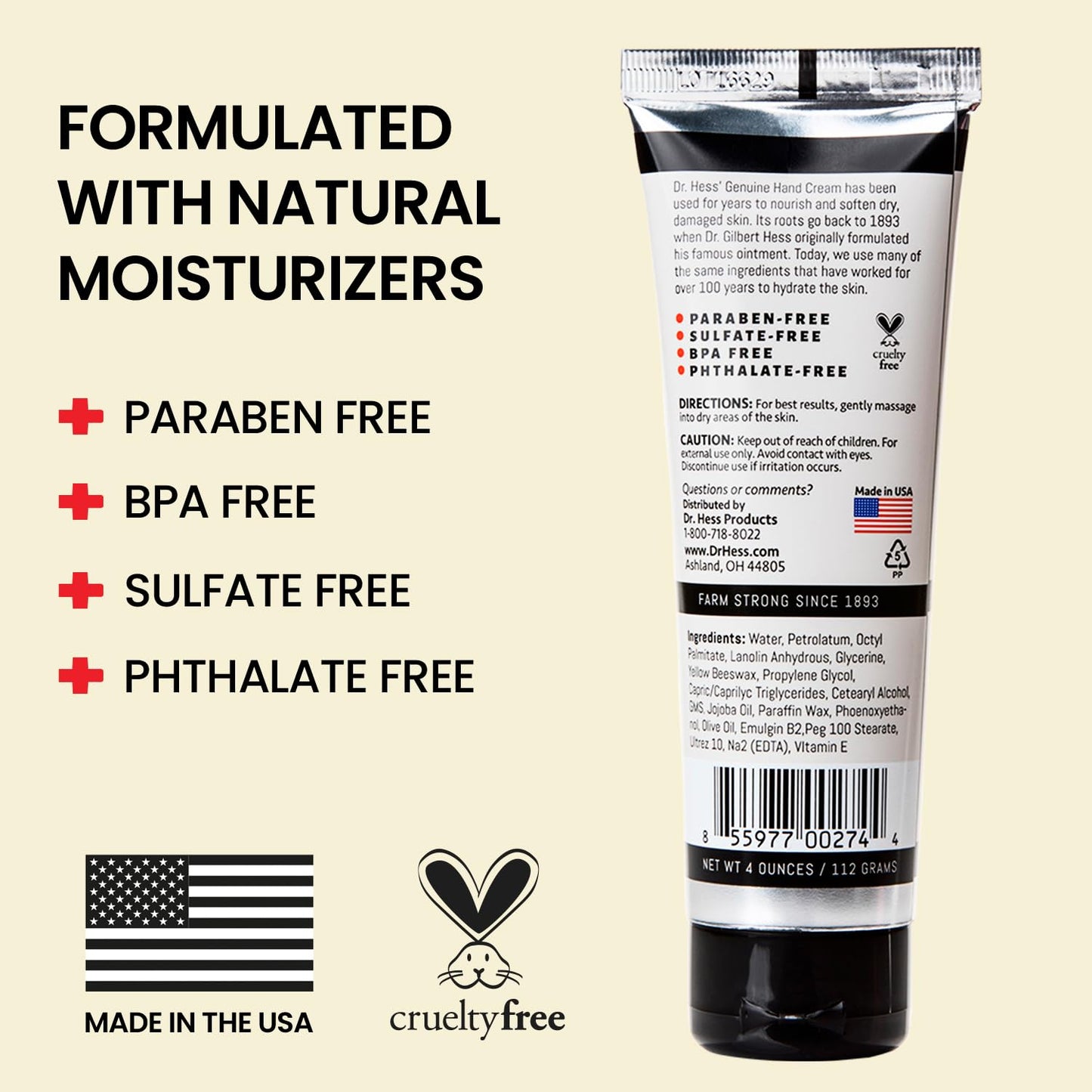 Dr. Hess Genuine Hand Cream, Nourishing lotion for Dry, Cracked Hands & Heels, Eczema Relief, with Lanolin, Beeswax, Olive Oil & Vitamin E, Cruelty-Free, Paraben & Sulfate-Free, 4 oz, 2 Pack