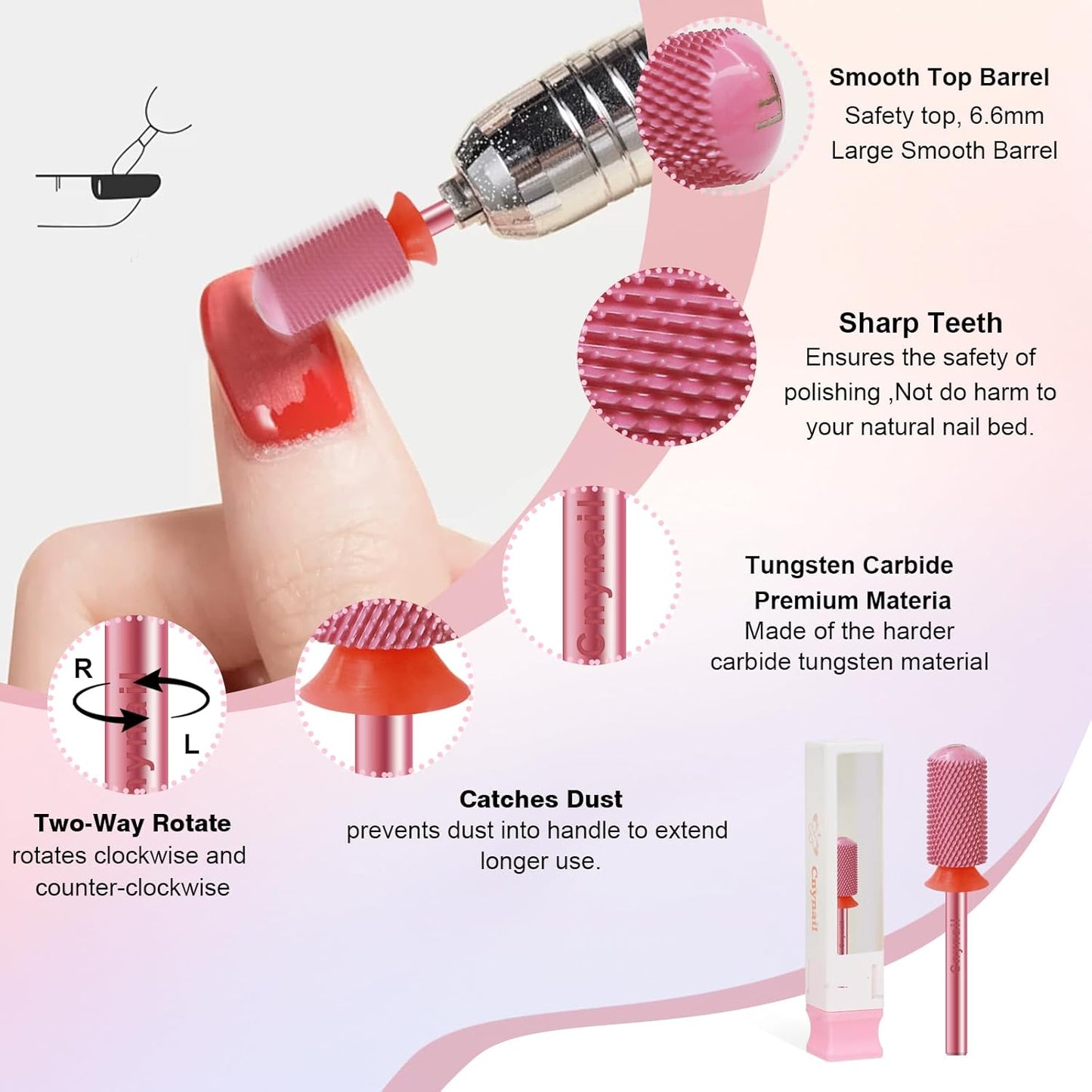 3/32" Large Barrel Smooth Round Top Tungsten Carbide Nail Drill Bit Safety Bit for Gel & Acrylic Removal, 2-Way Rotating Efile Tip, Salon Electric File Accessory (F Grit, Rose Red)