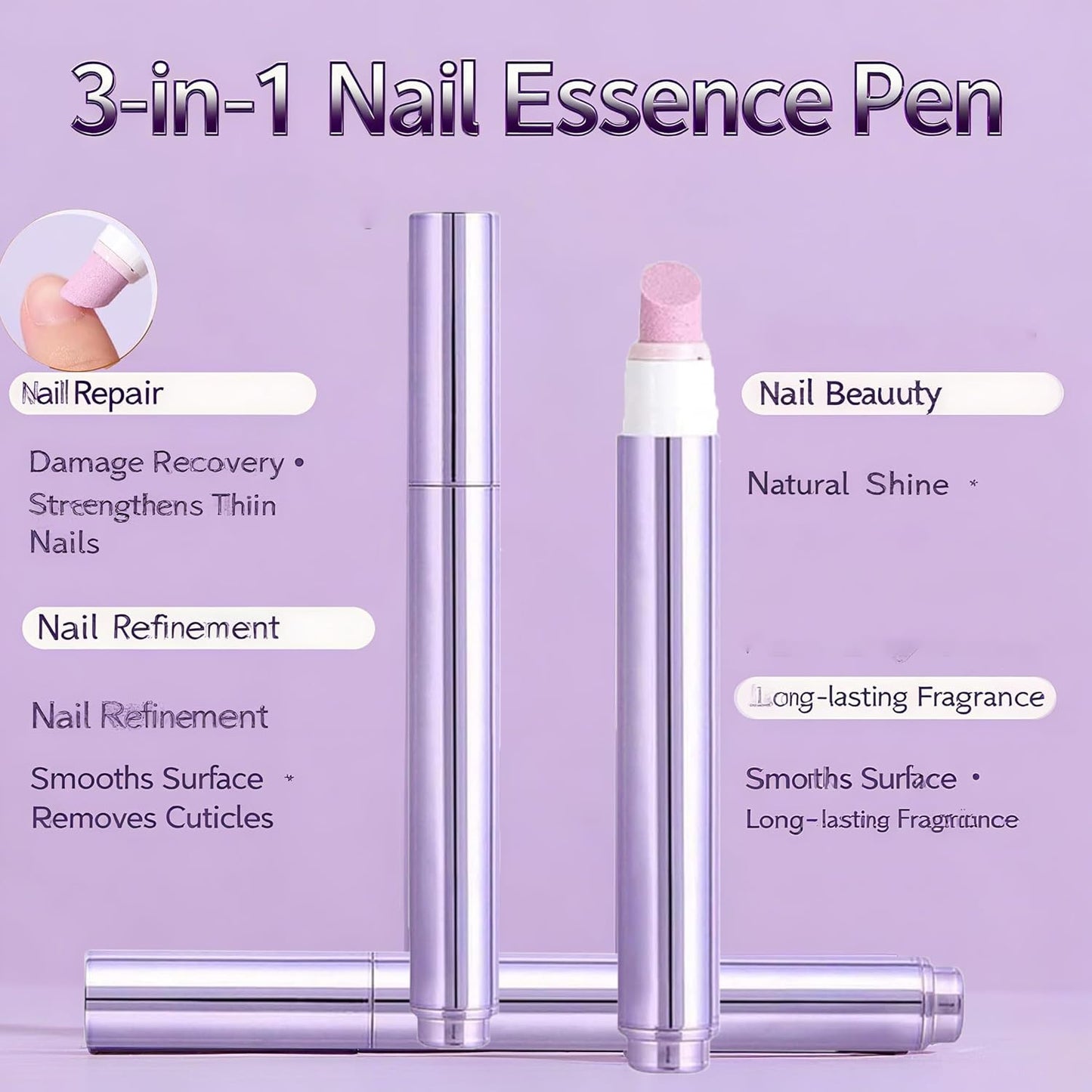 3-in-1 Nail Care Pen, 2025 Upgrade Cuticle Oil Pen for Nails, Ceramic Cuticle Pusher with Oil, Refillable Cuticle Oil Pen, Nail Buffer & Strengthener for Dry, Brittle Nails (Large 3Pcs)