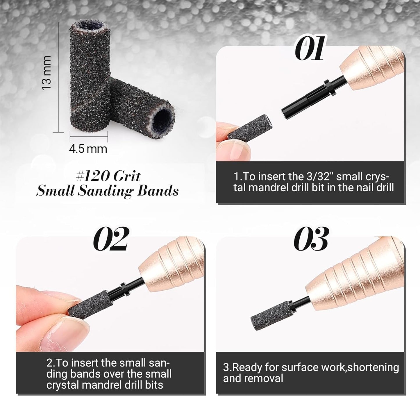 MelodySusie 50 Pcs Nail Drill Bits Small Sanding Bands with 3.1mm Mandrel Bit, 120 Medium Grit Nail File for Acrylic Nails Gel Manicures and Pedicure, Black