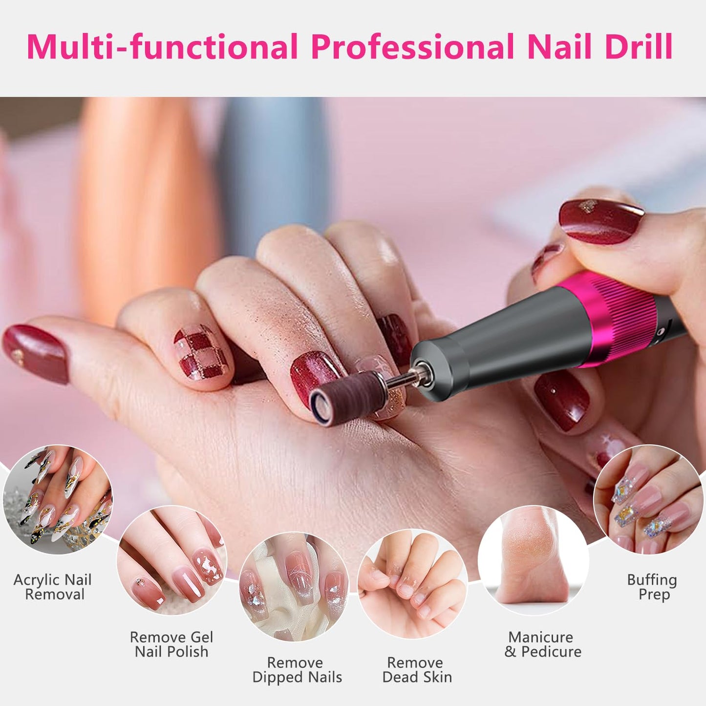 OWill Electric Nail Drill Professional, 35000RPM Rechargeable Machine With LED Display, Portable Electric File for Salon Home Kits, Pink