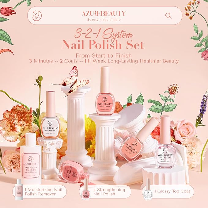 AZUREBEAUTY Nail Polish Set, 4 Colors Nude Pink Jelly Transparent Clear Milk White Quick Dry Natural Nail Lacquer Strengthening Treatment Kit with Top Coat DIY Salon at Home