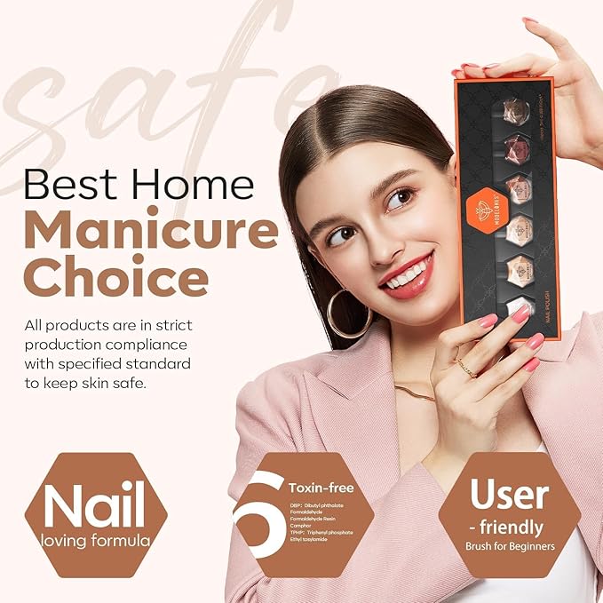modelones Brown Nail Polish Set 6 Colors, Fall Winter Nude Silver Glitter Nail Polish Skin Tone Collection Quick Dry Mini Manicure DIY Nail Art Salon Home Gifts For Women Girl