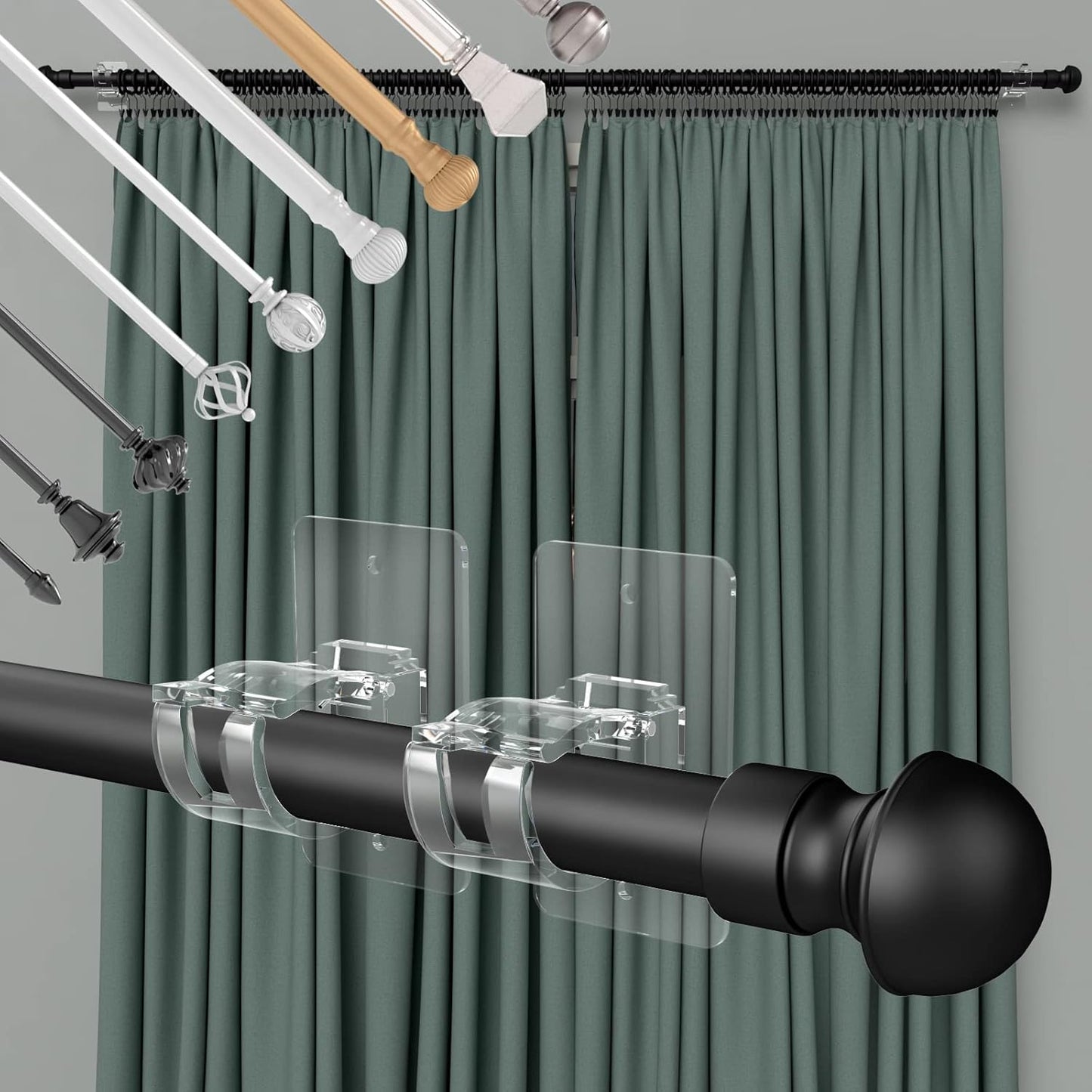CIEMGNZOC 4PCS No Drill Curtain Brackets, Self-Adhesive Rod Holders, Adjustable Hooks for Rods Under 1.57 Inch (Transparent)